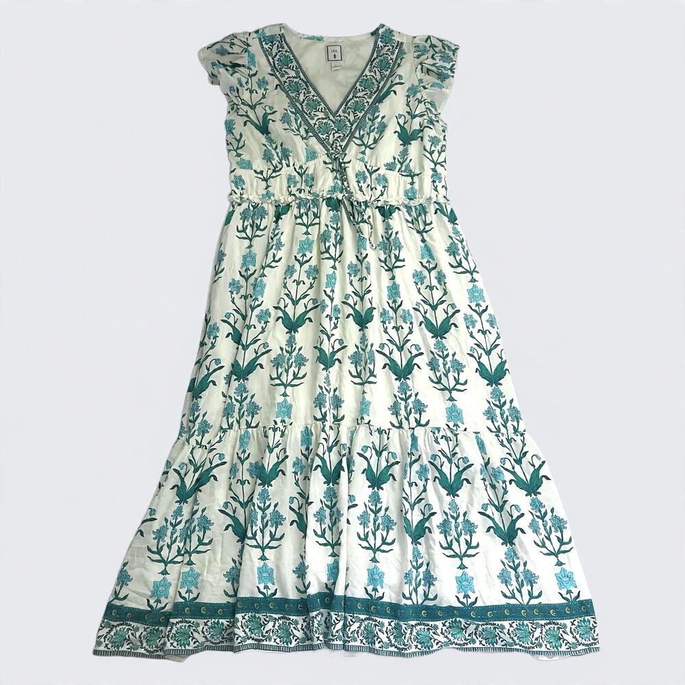LEA Ivory Green Floral Tie-Waist Flutter Sleeve Maxi Dress Womens 1X Cottagecore